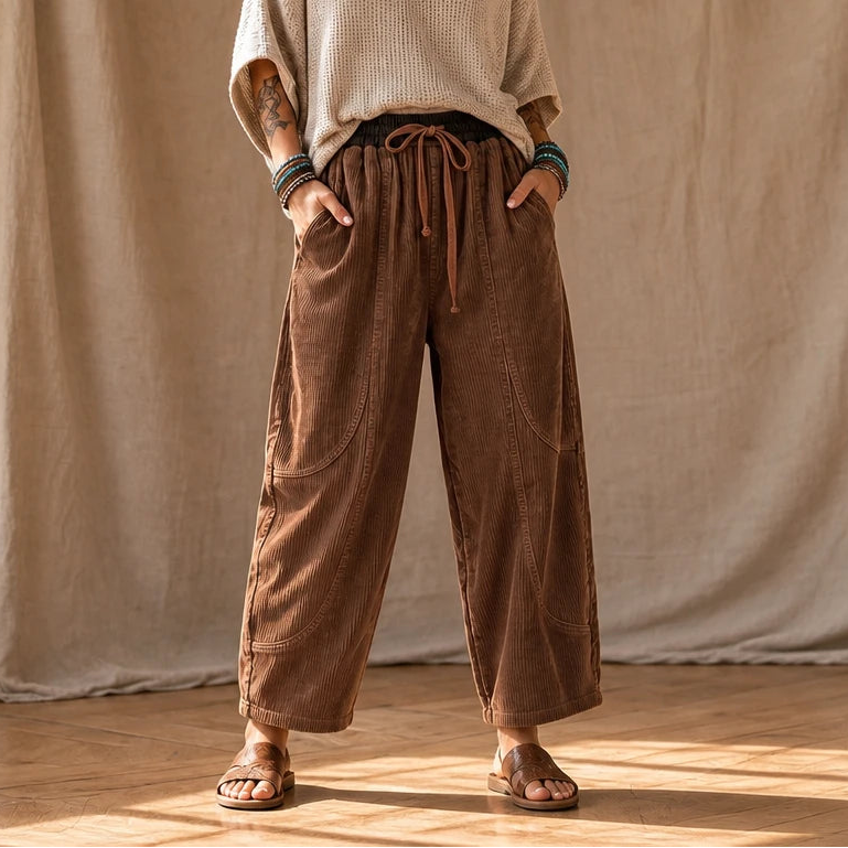 Women's Ribbed Corduroy Lantern Pants | Baggy Corduroy Pants - Brown