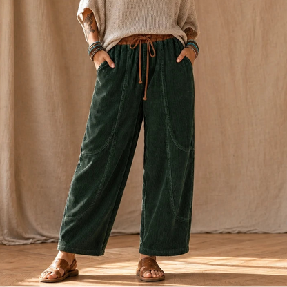 Women's Ribbed Corduroy Lantern Pants | Baggy Corduroy Pants - Dark Green
