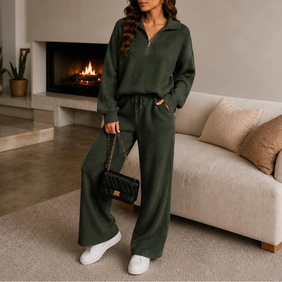Women's Ribbed Knit Set | Casual Clothing Sets - Army Green