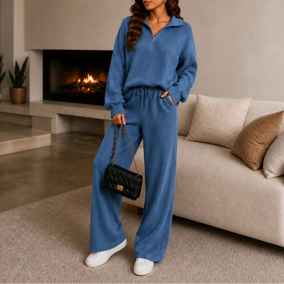 Women's Ribbed Knit Set | Casual Clothing Sets - Blue