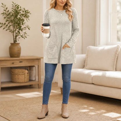 Women's Ribbed Knit Tunic With Pockets | Tunic Top - Apricot