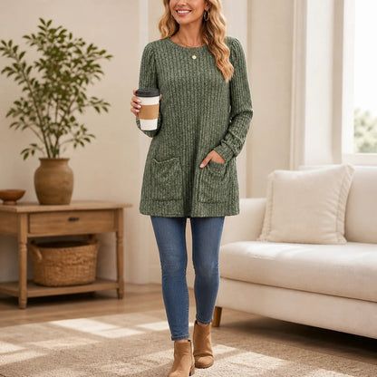 Women's Ribbed Knit Tunic With Pockets | Tunic Top - Army Green