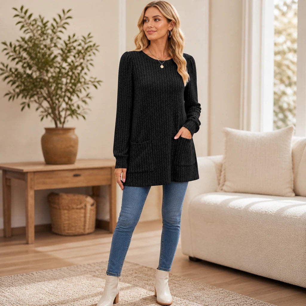 Women's Ribbed Knit Tunic With Pockets | Tunic Top - Black