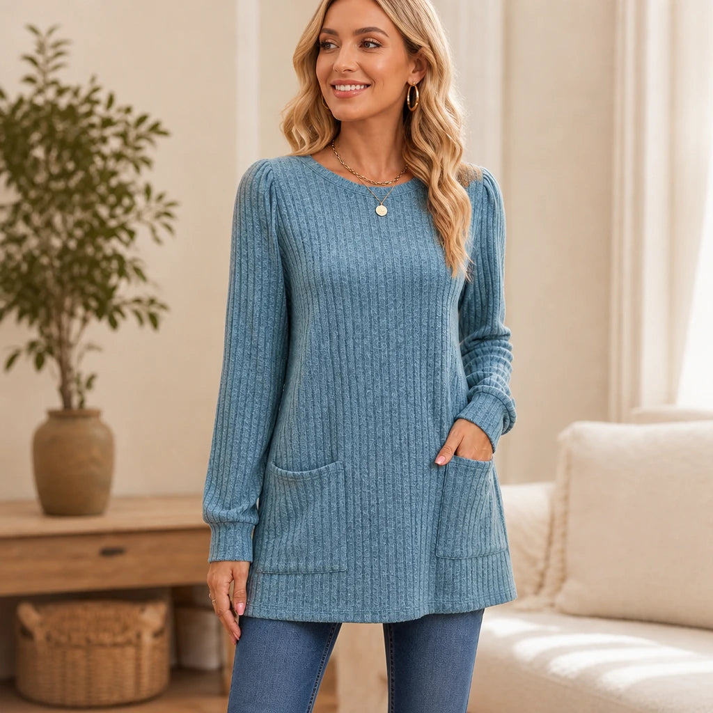Women's Ribbed Knit Tunic With Pockets | Tunic Top - Blue