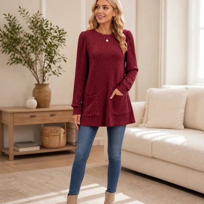 Women's Ribbed Knit Tunic With Pockets | Tunic Top - Burgundy
