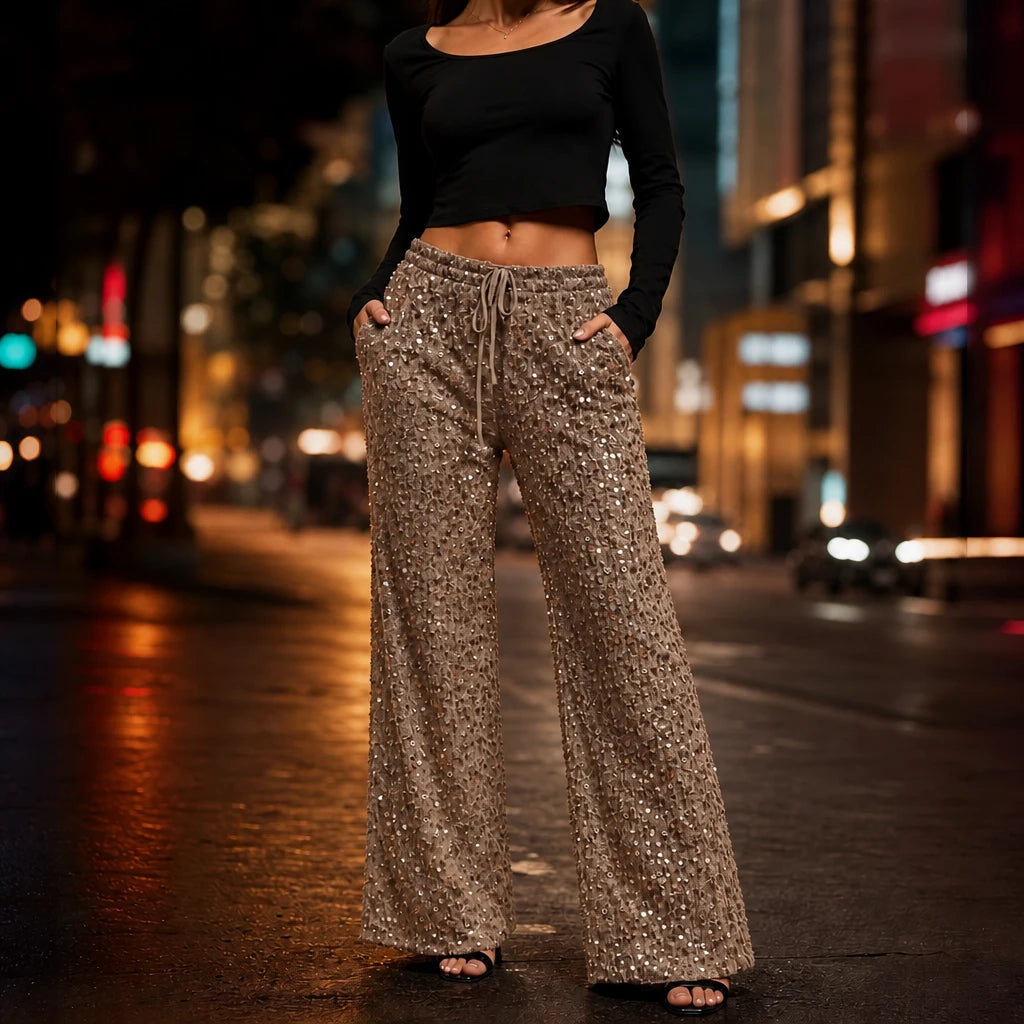 Women's Sequin Straight-Leg Trousers | Pants for Office Work - Brown