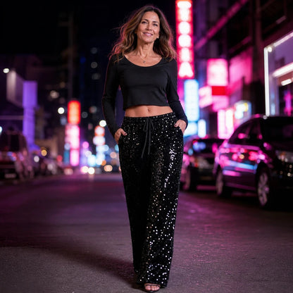 Women's Sequin Straight-Leg Trousers | Pants for Office Work
