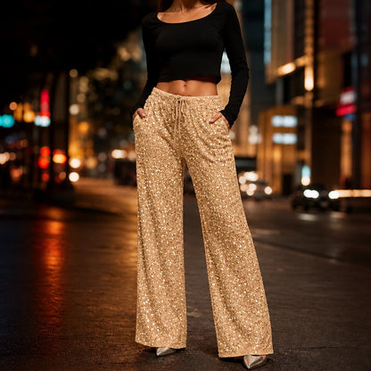 Women's Sequin Straight-Leg Trousers | Pants for Office Work - Gold