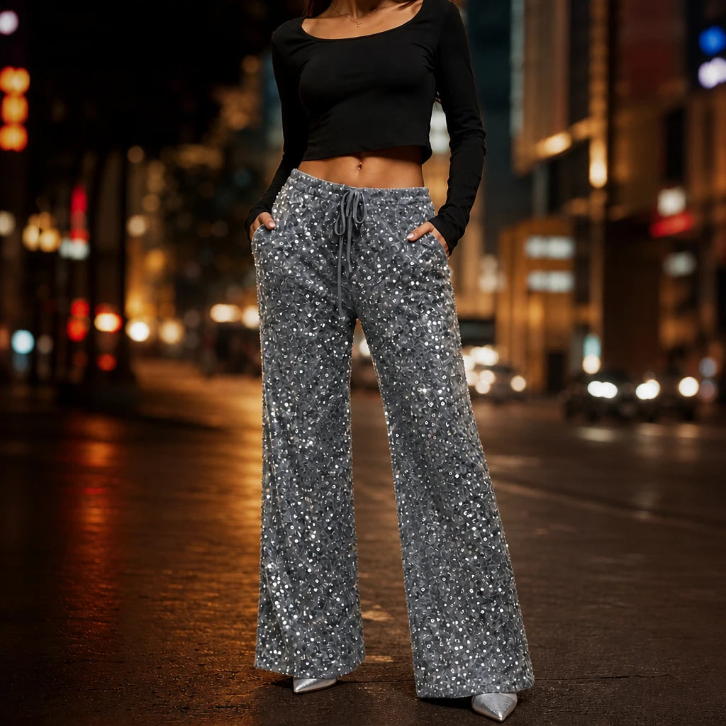 Women's Sequin Straight-Leg Trousers | Pants for Office Work - Gray