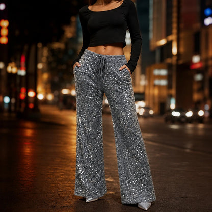 Women's Sequin Straight-Leg Trousers | Pants for Office Work - Gray