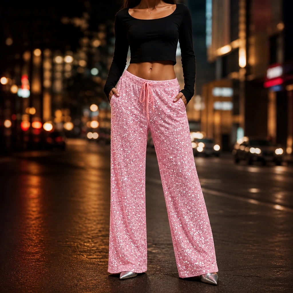 Women's Sequin Straight-Leg Trousers | Pants for Office Work - Pink