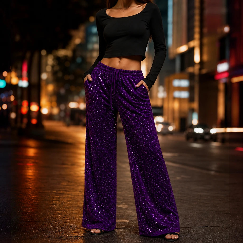 Women's Sequin Straight-Leg Trousers | Pants for Office Work - Purple