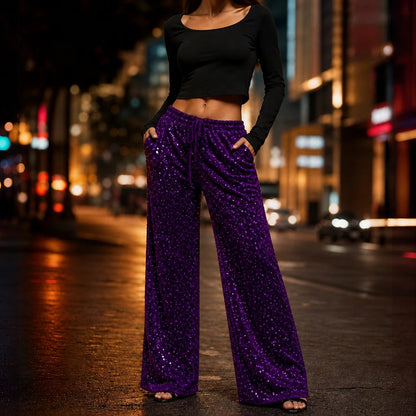 Women's Sequin Straight-Leg Trousers | Pants for Office Work - Purple