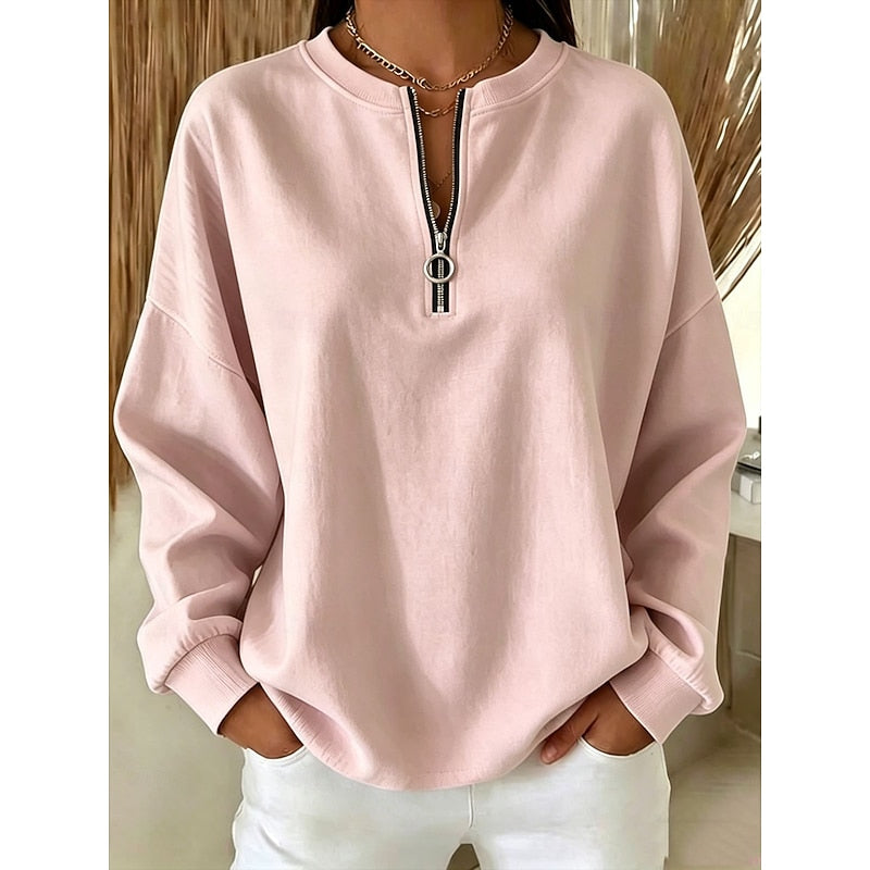 Women's Sweatshirt | Quarter-Zip High-Neck Pullover - Pink