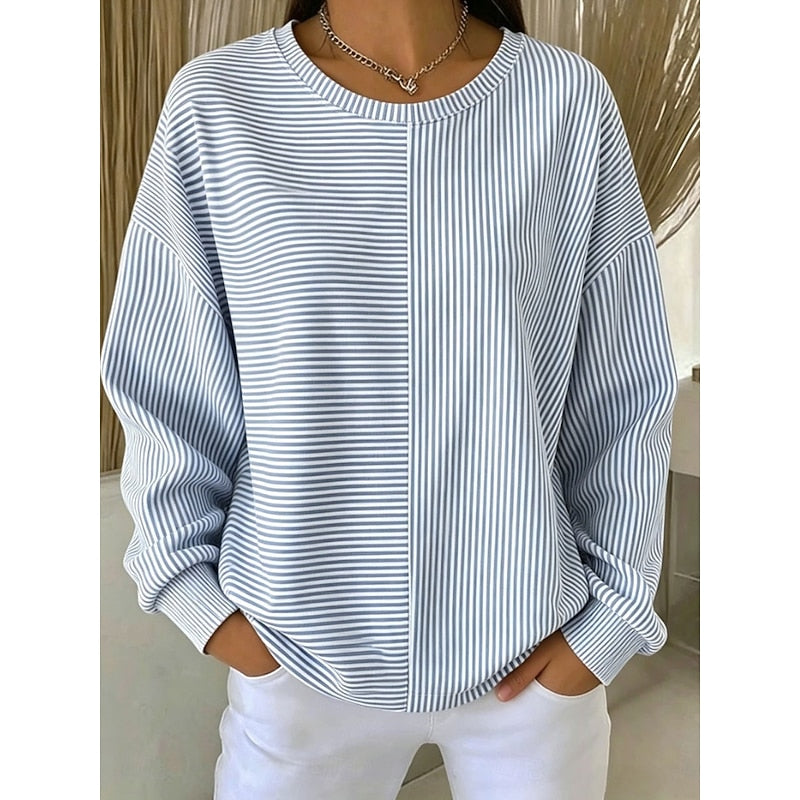 Women's Sweatshirt | Relaxed Striped Crew Neck - Blue