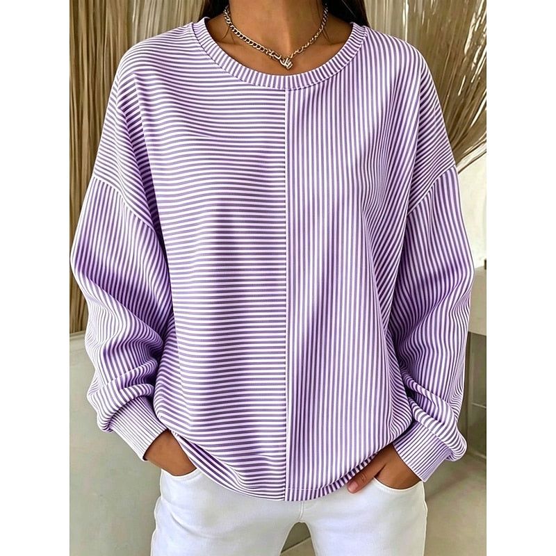 Women's Sweatshirt | Relaxed Striped Crew Neck - Purple