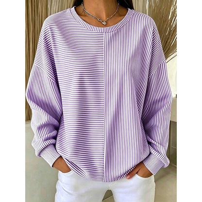 Women's Sweatshirt | Relaxed Striped Crew Neck - Purple
