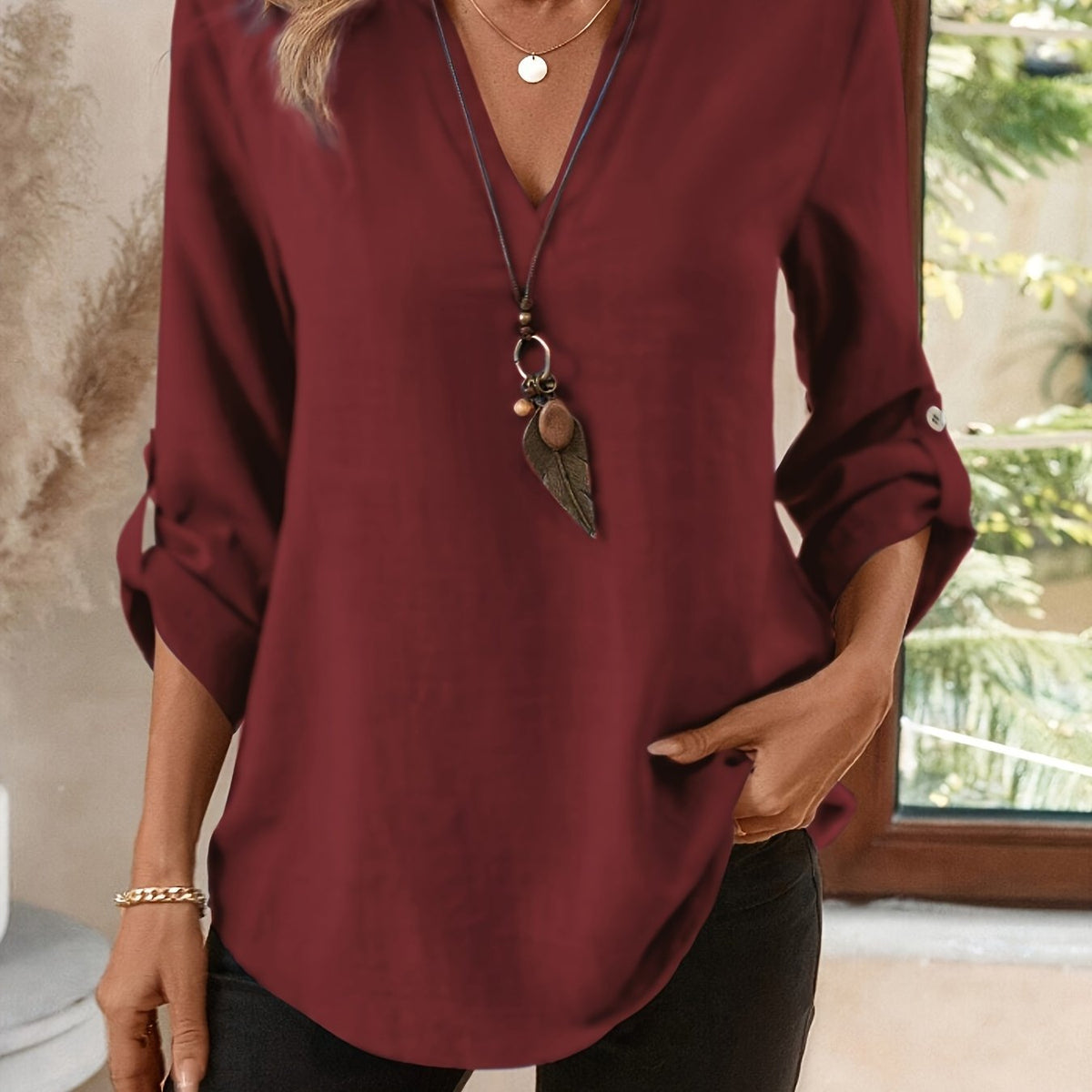 Women's V-Neck Blouse with Roll-Tab Sleeves | Relaxed Fit - Burgundy