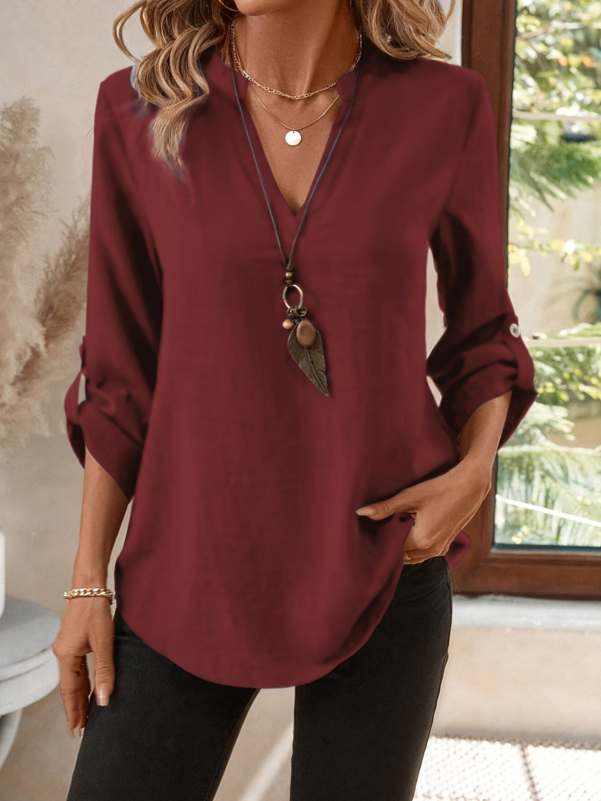 Women's V-Neck Blouse with Roll-Tab Sleeves | Relaxed Fit