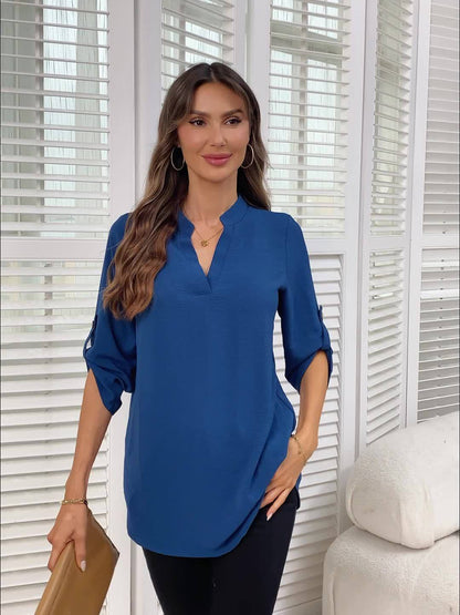 Women's V-Neck Blouse with Roll-Tab Sleeves | Relaxed Fit