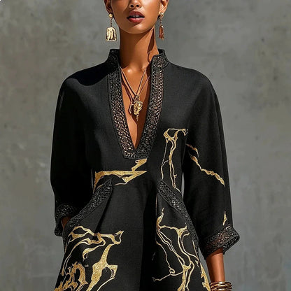 Women's V-Neck Mini Dress | Flowing Print Dress - Black