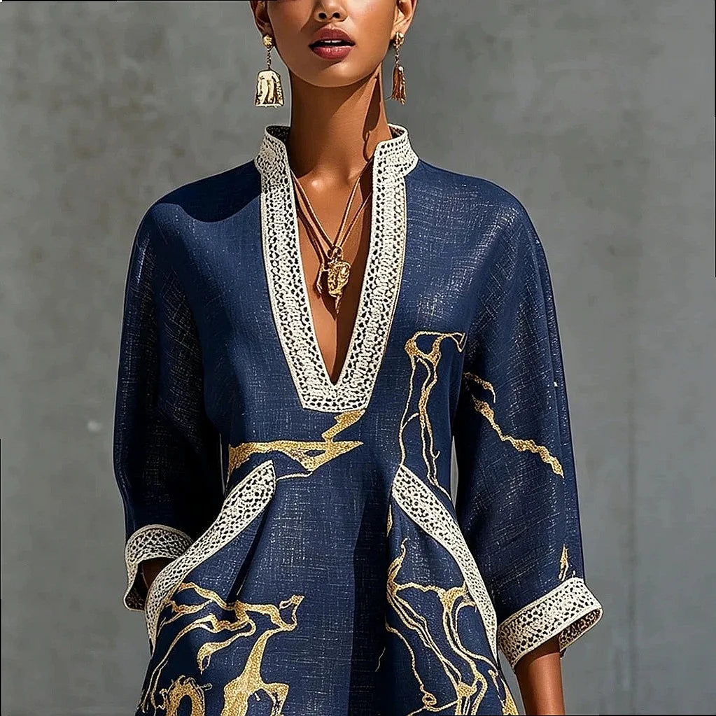 Women's V-Neck Mini Dress | Flowing Print Dress - Blue