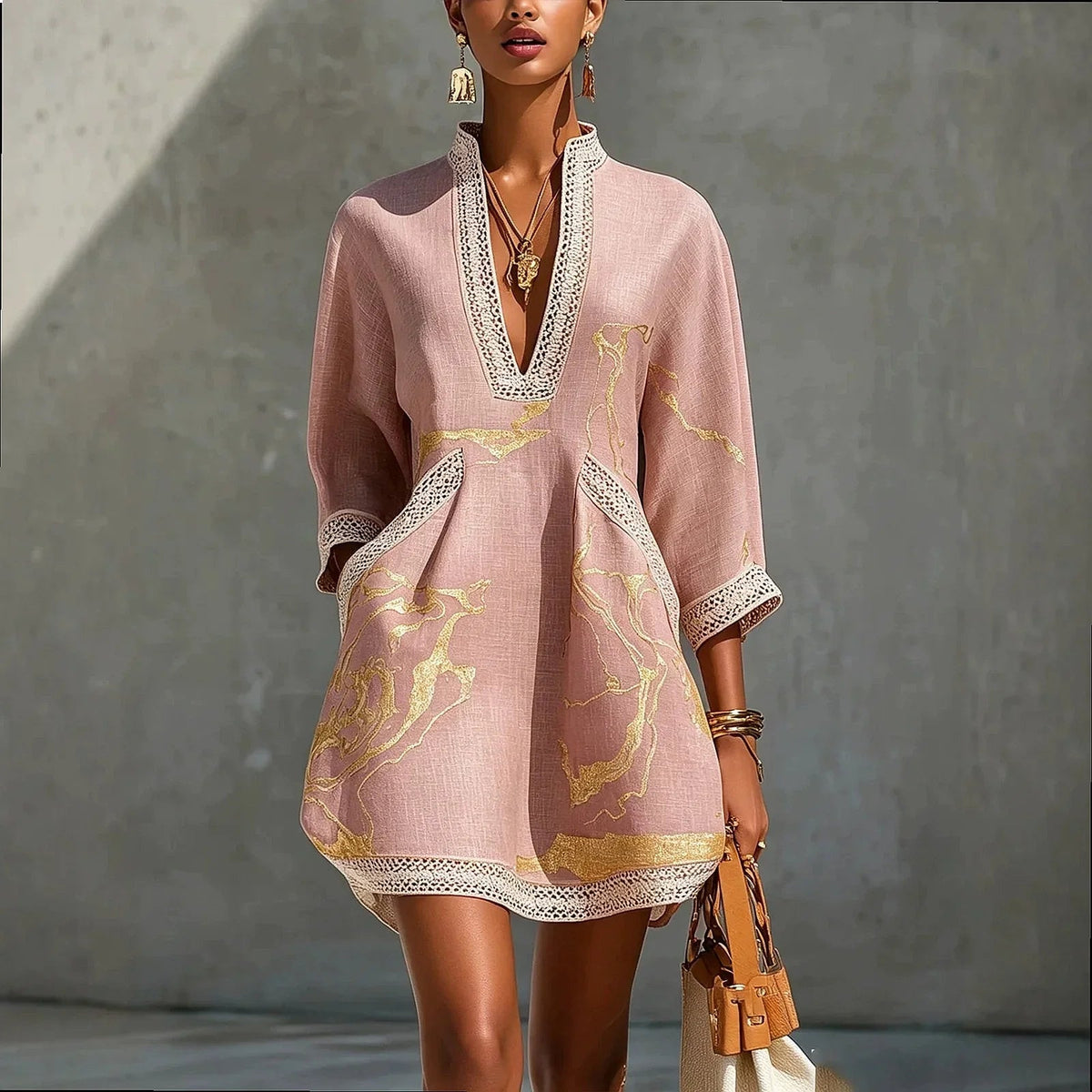 Women's V-Neck Mini Dress | Flowing Print Dress - Pink